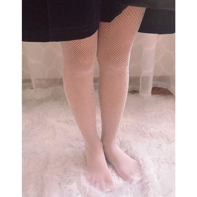 Looching Little Girls Thin Rhinestone Fishnet Sparkle Tights Toddler Kids Glitter Stockings Footed Net Leggings Pantyhose(White,10-16T) - Image 2